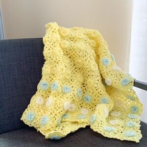 Granny Square Crochet Yellow 3D Floral Afghan